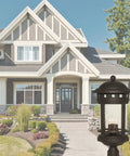 Oil Rubbed Bronze Outdoor Wall Lantern With Amber Glass Shade 1 Light Wet Rated Cast Aluminum Construction shown by a house