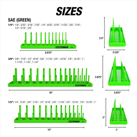 Green six tray socket organizer in various sizes for SAE sockets, showing peg markings for quick find, suitable for multiple drive sizes.