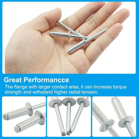 Hand holding aluminum rivets, part of Large Flange Aluminum Blind Rivets Kit, 50 pcs, one quarter by three quarter inch pop rivets.