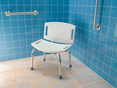 Chrome 24 Inch Designer Shower Grab Bar With Curled Grip, Heavy Duty Bathroom Safety Rail Up To 500 Lbs next to shower chair