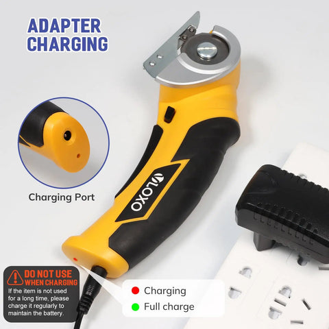 Cordless Cardboard Cutter Electric Scissors With Safety Lock For Cardboard, Fast 240 RPM Cutting charging via adapter port.