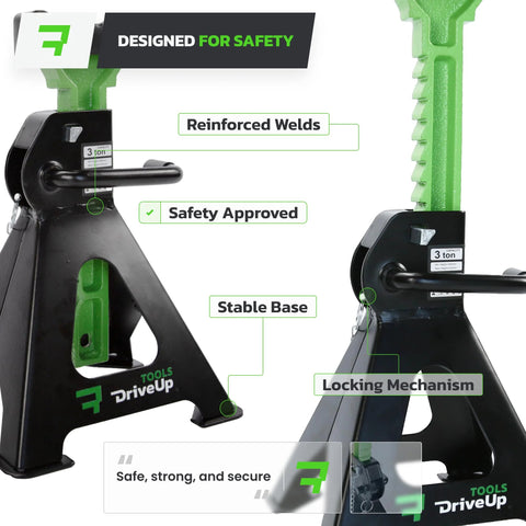 Jack stands 3-ton pair; adjustable, with green lifting arms and black base; height 11.6-17 in; DriveUp