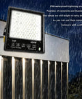JUDYSSY 6500K Led Floodlight Outdoor, 400W white LED security light mounted in rain, showcasing IP68 waterproof features.