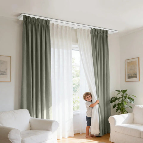Heavy Duty Curtain Track Rollers Set, Ultra Quiet Smooth Glide Pulley Wheels, Replacement Sliding Hooks for Curtain Track System, Easy Install UPVC Window Curtain Accessories, Small Size, 20 Piece mounted on ceiling curtain track