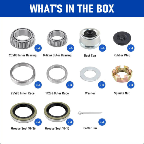 Image showing components of Four Sets 7000 Lb Boat Trailer Axle Bearing Kit With 25580 14125A Bearings, Double Lip Grease Seals.
