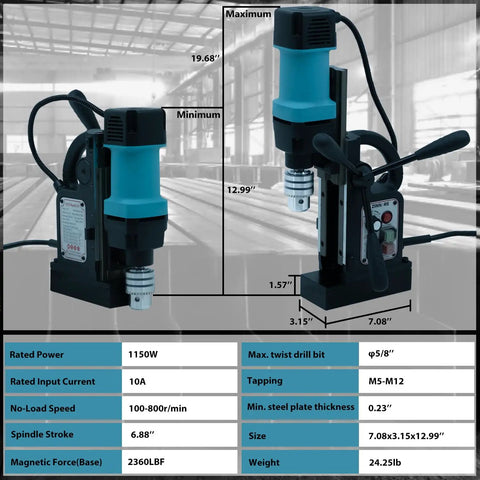 Workhorse Magnetic Drill Press 1150W With 2360 Lbf Magnetic Force 2-In-1 Drilling And Tapping 5/8 In Capacity dimensions info