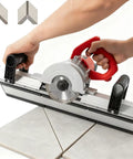 Close-up of Heavy Duty 43 Degree Tile Bevel Cutter And Chamfering Tool With 1200W Motor, cutting ceramic tile.