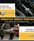High Pressure Pro Grade Grease Gun Coupler Kit With 12000 PSI Quick Release 90 Degree Adapter Universal Coupler demonstrating needle tips