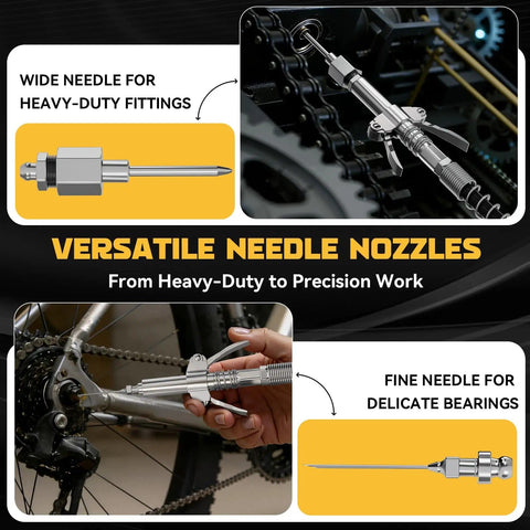 High Pressure Pro Grade Grease Gun Coupler Kit With 12000 PSI Quick Release 90 Degree Adapter Universal Coupler demonstrating needle tips