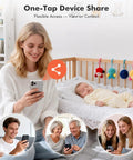 Woman using Outdoor Wireless Security Camera System With Spotlight And Siren app, viewing baby in crib, one-tap device share feature