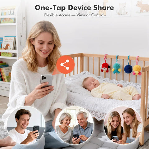 Woman using Outdoor Wireless Security Camera System With Spotlight And Siren app, viewing baby in crib, one-tap device share feature