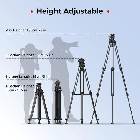 Height adjustable diagram of Beefy Pro Grade Aluminum Video Tripod With Fluid Head For Pro Shoots, showing various height settings.