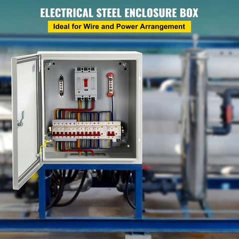Heavy Duty One Point Five Millimeter Steel NEMA 4X IP66 Electrical Enclosure Box Eight By Eight By Six Inches With Mounting Plate Waterproof Dustproof For Outdoor And Indoor Use Built To Last Tough As Nails. open steel electrical enclosure with mounted breakers and wiring