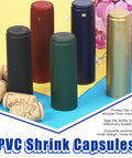 Sharp Pvc Heat Shrink Wine Bottle Capsule Kit featuring five vibrant seal wraps and cork stoppers on a colorful background.