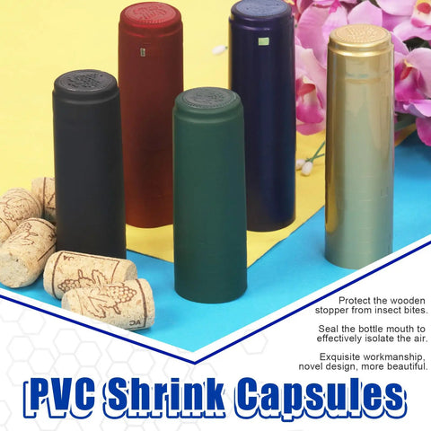 Sharp Pvc Heat Shrink Wine Bottle Capsule Kit featuring five vibrant seal wraps and cork stoppers on a colorful background.