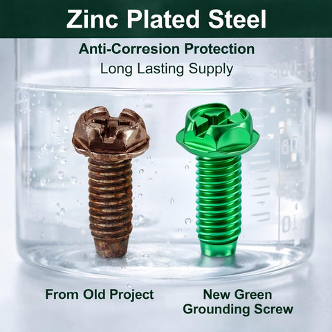 Comparison of old rusted screw and new green zinc plated screw, showcasing anti-corrosion benefit for grounding applications.