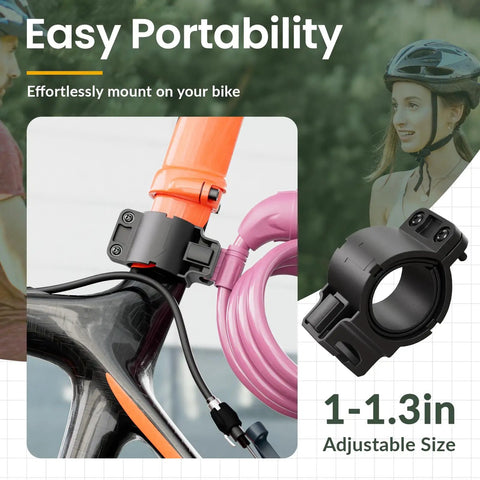 4 Foot Cable Bike Lock With Half Inch Resettable Combination And Mounting Bracket In Baby Pink For Bicycle Electric Scooter Motorcycle Dope Security And Versatility On The Go close-up on bike mount