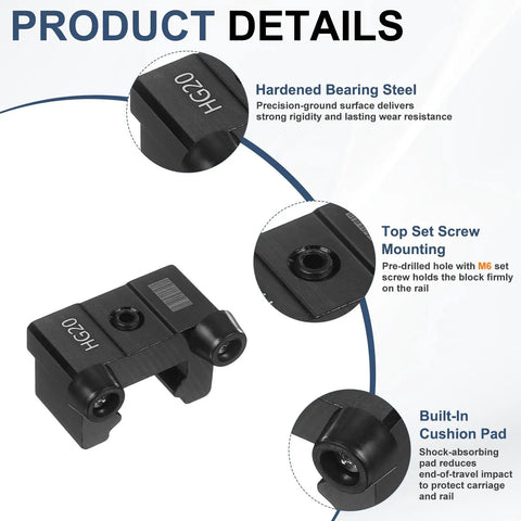 Beefy Two Pack HG20 Linear Guide Rail Fixed Slider Anti Collision Block Stopper details, including set screw and cushion pad.
