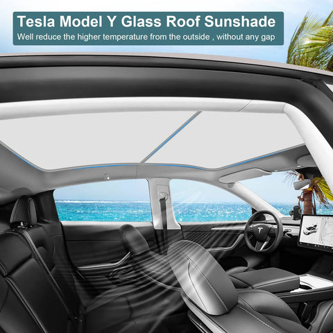 KUNIST glass roof sunshade for Tesla Model Y (2021-2025), installed on panoramic roof (interior view)