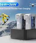 Compact Dual Port 72W Fast Charger Hub For Mini Drone Batteries with LCD Screen App Control and USB C Output, snowy mountain backdrop