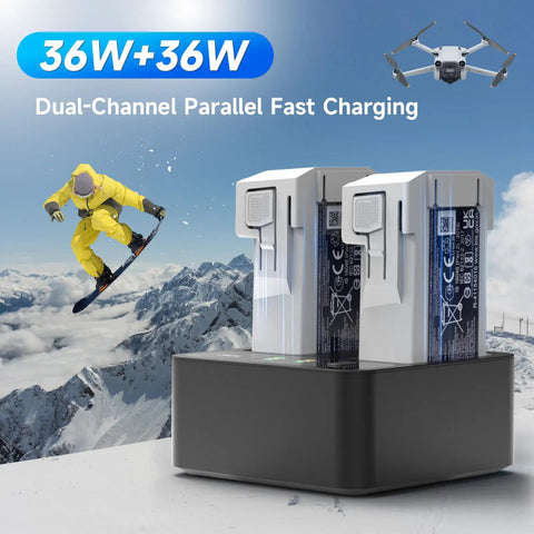 Compact Dual Port 72W Fast Charger Hub For Mini Drone Batteries with LCD Screen App Control and USB C Output, snowy mountain backdrop