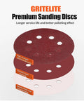 Top Notch 200 Pack 5 Inch Sanding Discs With Super Tough Aluminum Oxide And Sweet Hooks Loop For Smooth Orbital Sanding Jobs That Get Done Fast, showing multiple discs with holes.