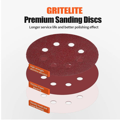 Top Notch 200 Pack 5 Inch Sanding Discs With Super Tough Aluminum Oxide And Sweet Hooks Loop For Smooth Orbital Sanding Jobs That Get Done Fast, showing multiple discs with holes.