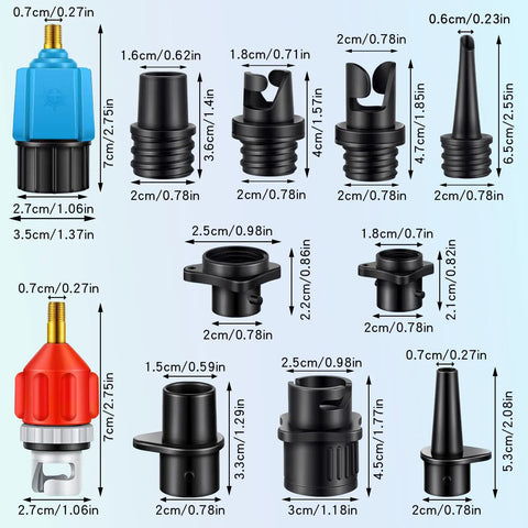 Inflatable Pump Adaptor Kit For SUP And Car Air Compressors With 9 Valve Nozzles, Quick Connect Design, 12 nozzles shown