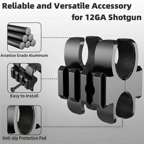 Tactical Shotgun Barrel Clamp Mount with Dual Picatinny Rails for 12 Gauge Shotguns showing aviation-grade aluminum details.