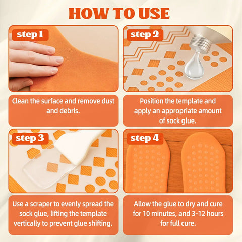 Instructional steps for applying Anti Slip Sock Stop Adhesive With Handy Tip Applicator on sock with template.