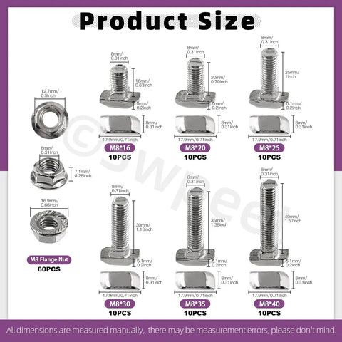 European 40 Series M8 Drop In Bolts And Nickel Flange Nuts Kit 120 Pieces T Slot Hardware Set size chart with bolt lengths