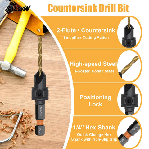 2-flute countersink drill bit with high-speed steel and 1/4" hex shank, part of 12 Piece Countersink Drill Bit Set With Adjustable Countersink And Pilot Hole Bits, Magnetic Extension Bit Holder, Sizes 4 Through 12, Pro Grade Woodworking Kit With Easy Storage Box