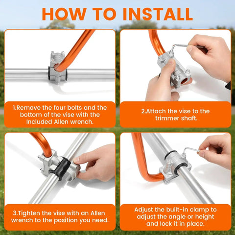 How to install Ergonomic Back Saver Handle Extension with Double Shoulder Strap Harness for string trimmers using clamps and Allen wrench.