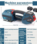Heavy Duty Handheld Electric Strapping Gun With Self Locking Action And Lcd Screen For.5 To.7 In Pp Pet Straps Portable Baler Banding Tool No Buckle Hassle Fast Work Day Straight Shooter displayed with dimensional parameters.
