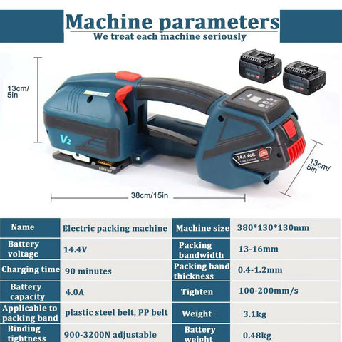 Heavy Duty Handheld Electric Strapping Gun With Self Locking Action And Lcd Screen For.5 To.7 In Pp Pet Straps Portable Baler Banding Tool No Buckle Hassle Fast Work Day Straight Shooter displayed with dimensional parameters.