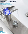 Waterfall Bathroom Sink Faucet with LED Crystal Ball, Deck Mount 3 Hole, Double Handle Brushed Nickel in modern spa design