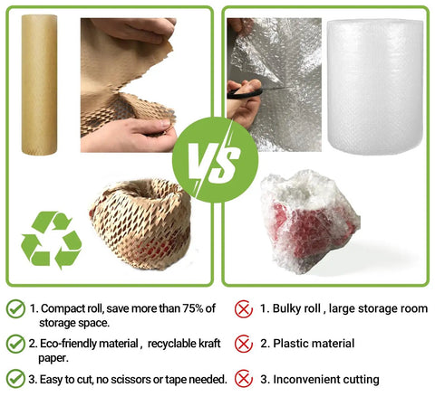 Comparison of eco-friendly honeycomb kraft paper and plastic bubble wrap for Dish Packing Kit Plate Protector Sleeves With Honeycomb Wrapping Paper Roll 15 Inch X 300 Feet Large Bubble Cushion Wrap For Glass And China Fragile Items Shipping Supplies Pro Grade.