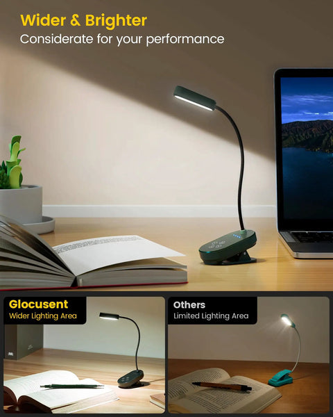 Clip On Reading Light With 16 LED Double Row Beads Rechargeable And Long Lasting For 80 Plus Hours Bright Even Light For Reading In Bed 3 Colors And 5 Brightness Levels Great Gift For Book Lovers And Kids Green on desk with open book and laptop.