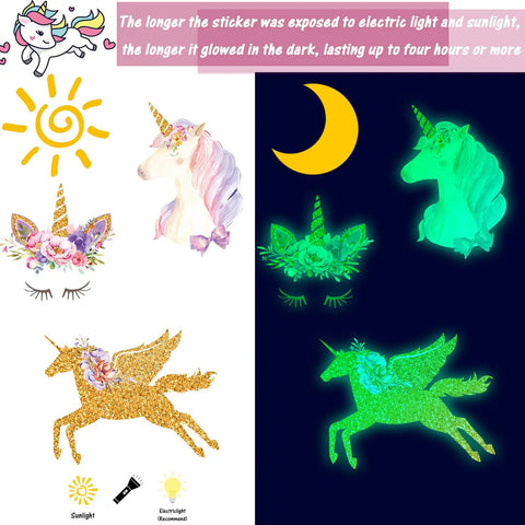 Stars Wall Decals Set With Unicorn And Clouds Glow In The Dark For Bedroom Ceiling Decor, day and night glow effect shown