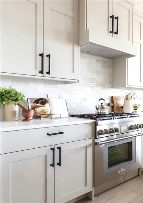 Modern kitchen with 10 Pack Matte Black Cabinet Pulls 5 Inch 128mm Long Life Kitchen Cabinet Handles For Cabinets And Drawers.