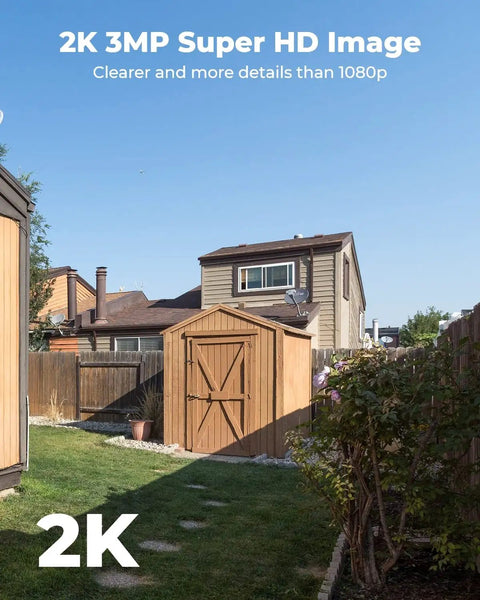 Clear day view from Solar Wireless Security Camera For Home 2K Clarity, showcasing 3MP quality and 120 Degree Wide View of backyard.