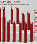 11-piece red carbide-tipped lathe cutter tool set, front view, for mini metal lathe