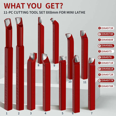 11-piece red carbide-tipped lathe cutter tool set, front view, for mini metal lathe