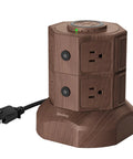 Brown power strip surge protector tower with 15W wireless charger, 8 AC outlets, 4 USB ports, and 2 USB C ports.