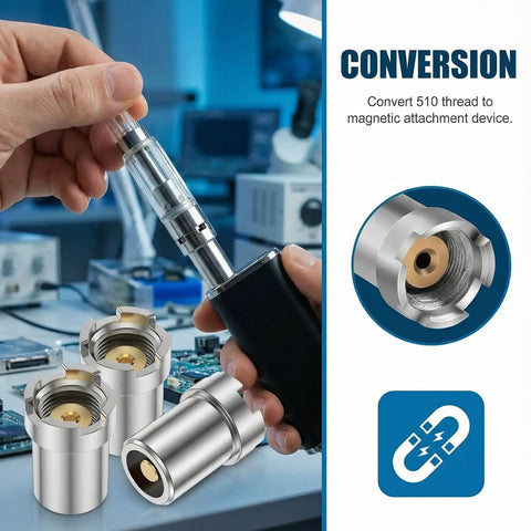 Eight Pack 510 Magnetic Thread Adapter Kit For Atomizers, Stainless Steel Universal Screw Converter Ring Connector For Soldering Iron And Circuit Board Repair, Corrosion Resistant, Compact 0.55 By 0.39 By 0.33 Inches, Silver shown in use.