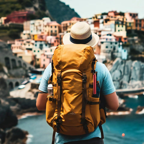 Traveler with a backpack holding a Portable Metal Toothpick Holder Case With Keychain Waterproof Aluminum Alloy in a scenic village