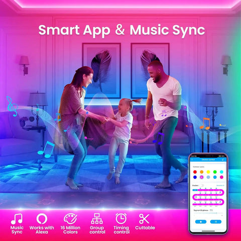 Family dancing in room with 100Ft Smart RGB LED Strip Lights For Bedroom With Alexa, Music Sync, App Control, Remote, And Voice Control