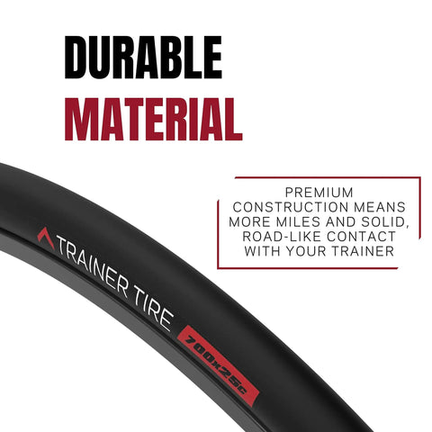 Image of a 700x25c indoor trainer tire with durable material text and proprietary rubber compound for road bikes.