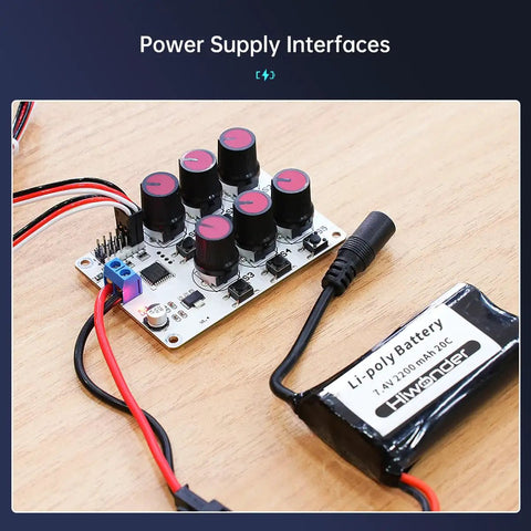 Power supply interfaces of Six Channel Servo Tester And Motor Controller For RC Cars Planes And Robots with battery connected.