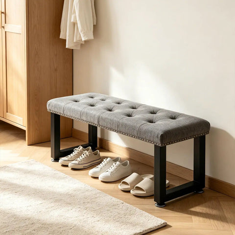 Top Shelf 16 Inch Metal Bench And Desk Legs Heavy Duty Furniture Feet With Adjustable Glides Black Steel Pipe Table Base Supports Set Of Two For Zero Hassle Project Builds in a home entryway with shoes.